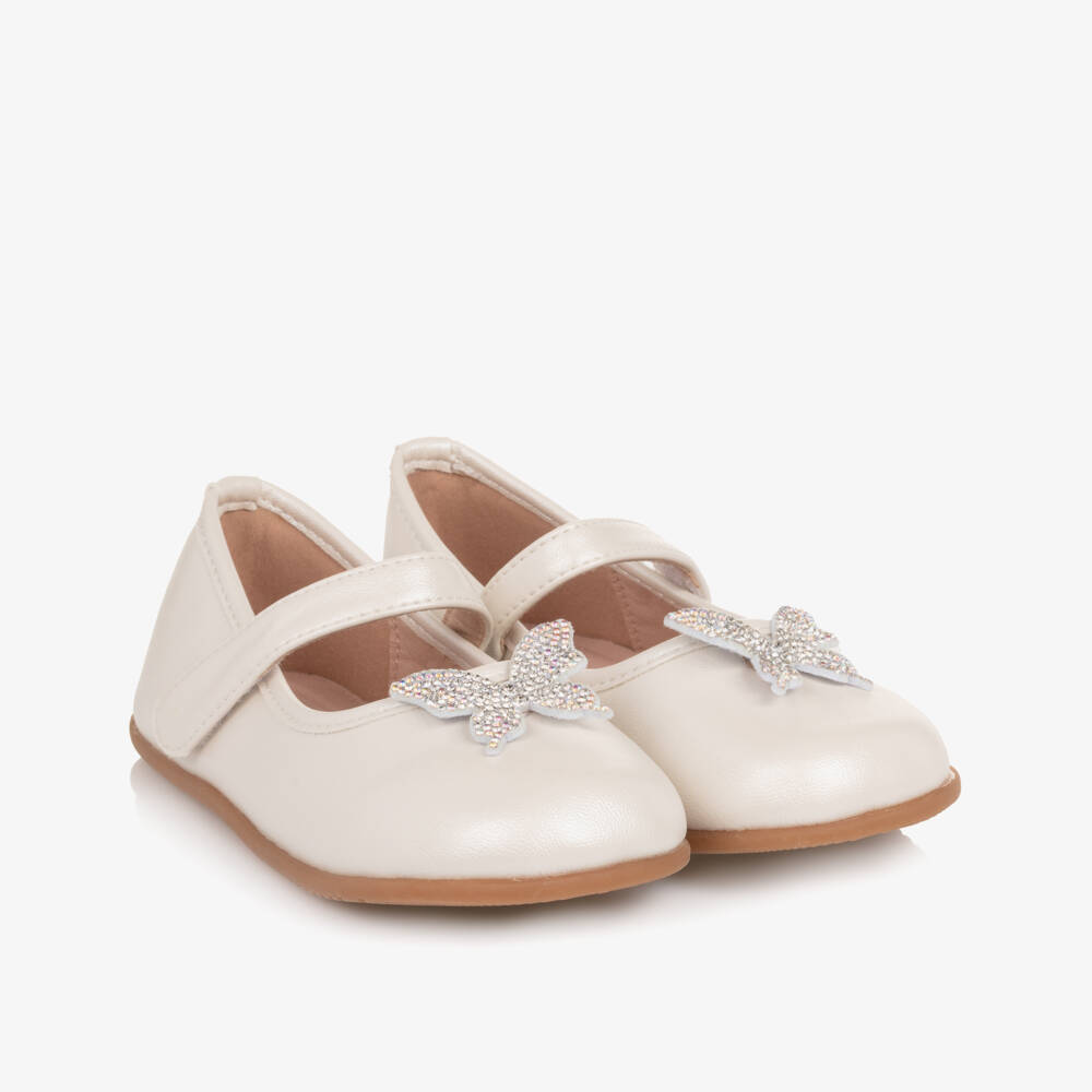 Roma e Toska-Girls Ivory Faux Leather & Diamanté Butterfly Bar Shoes | Childrensalon
