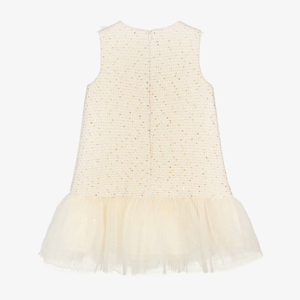 Romano-Girls Ivory & Gold Tweed Dress with Tulle Ruffles | Childrensalon