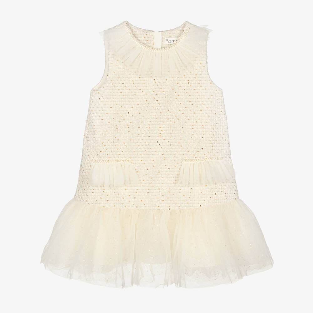 Roma e Toska-Girls Ivory & Gold Tweed Dress with Tulle Ruffles | Childrensalon