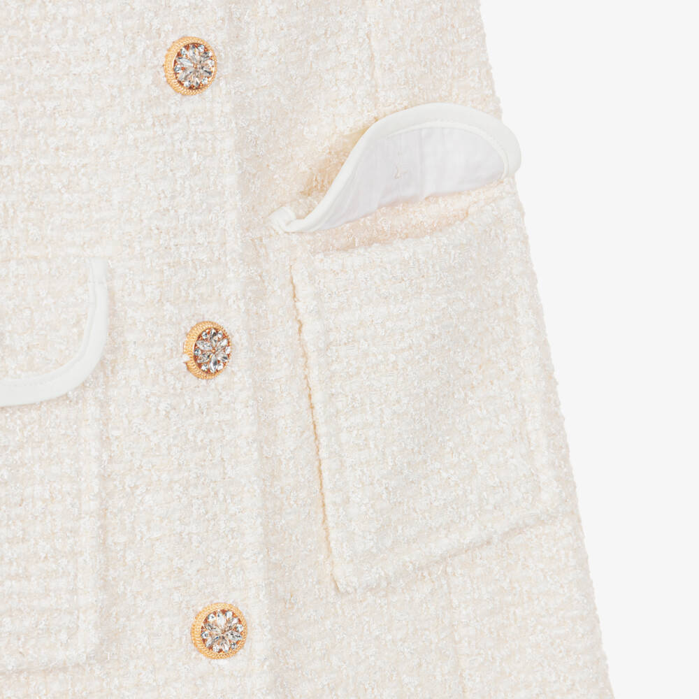 Romano-فستان تويد بأزرار مزينة بكريستال لون عاجي للبنات | Childrensalon