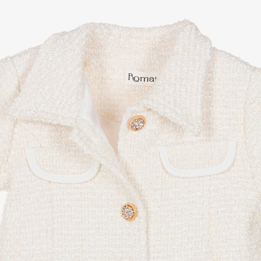 Romano-فستان تويد بأزرار مزينة بكريستال لون عاجي للبنات | Childrensalon