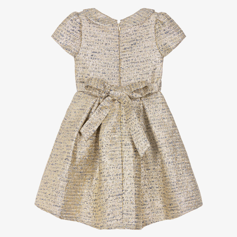 Romano-فستان بروكاد مزين بوردة لون ذهبي متاليك للبنات | Childrensalon