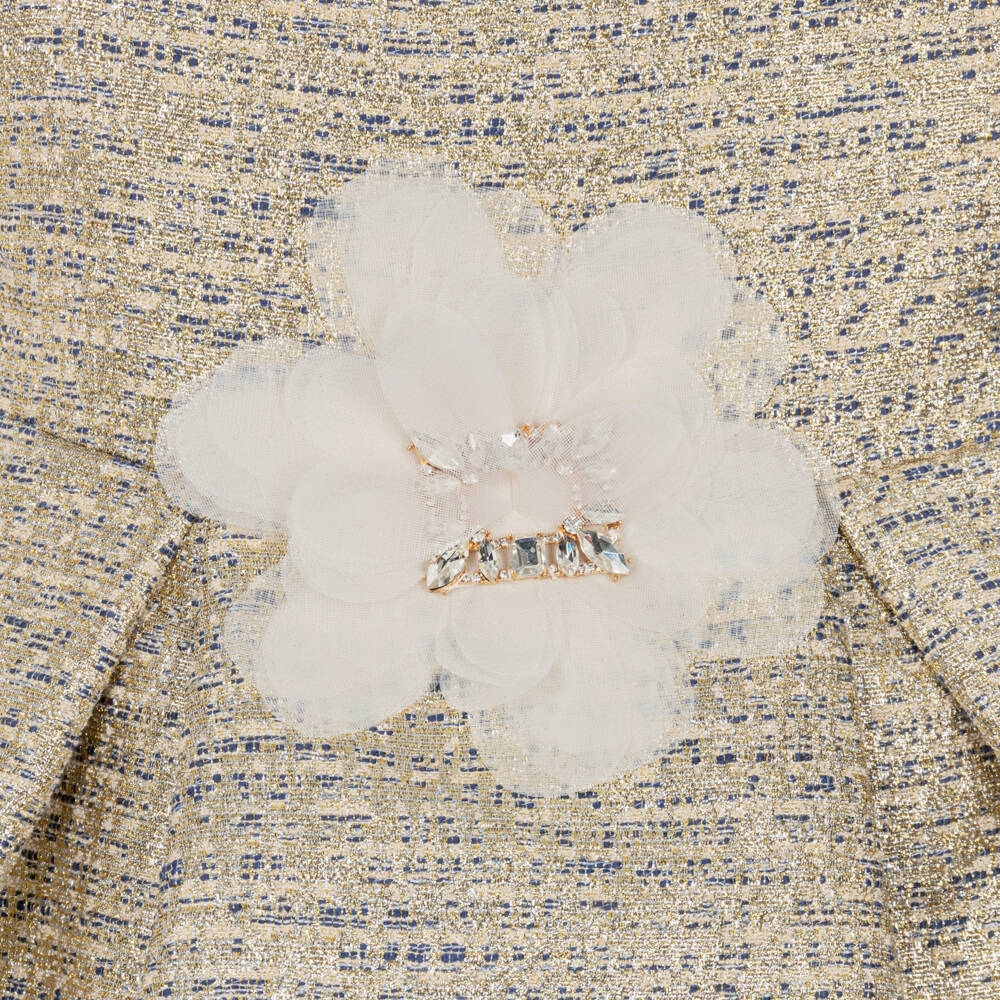 Romano-فستان بروكاد مزين بوردة لون ذهبي متاليك للبنات | Childrensalon