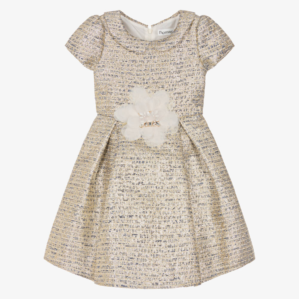 Romano-Girls Metallic Gold Brocade Dress with Flower Appliqué  | Childrensalon
