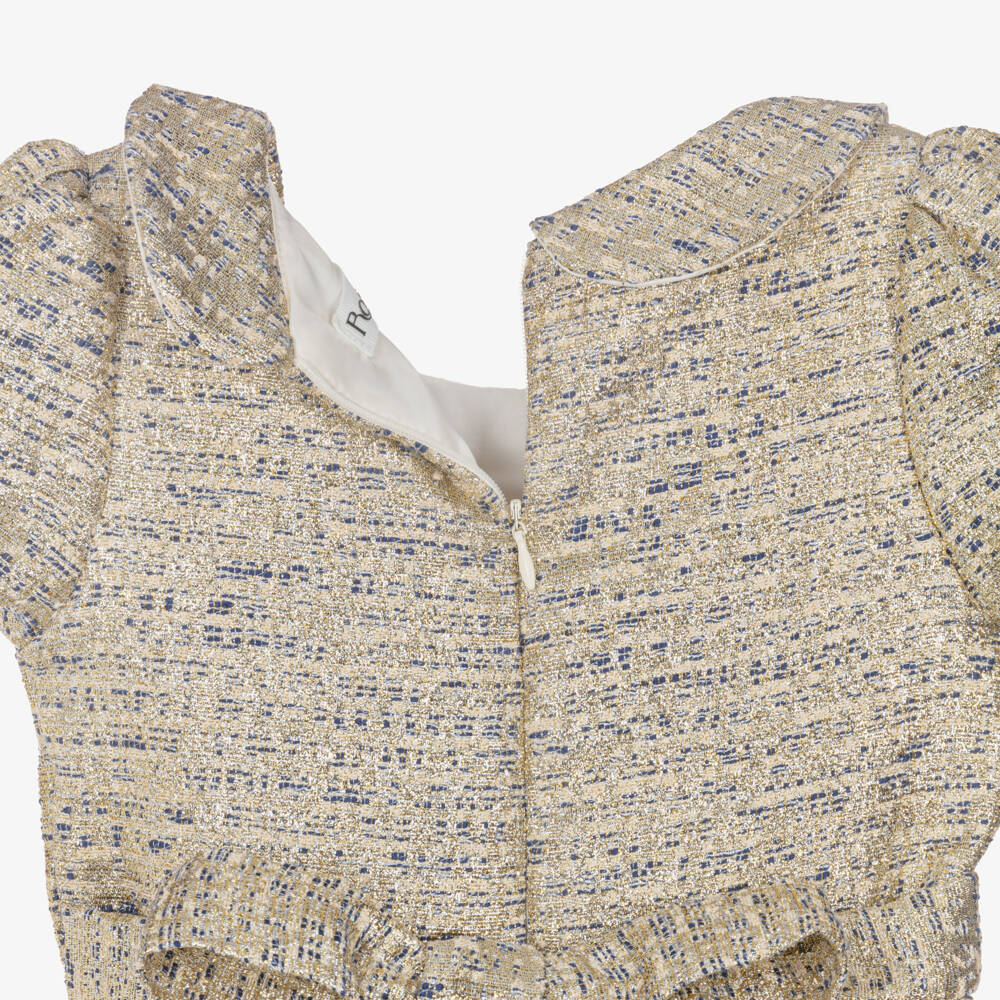 Romano-فستان بروكاد مزين بوردة لون ذهبي متاليك للبنات | Childrensalon