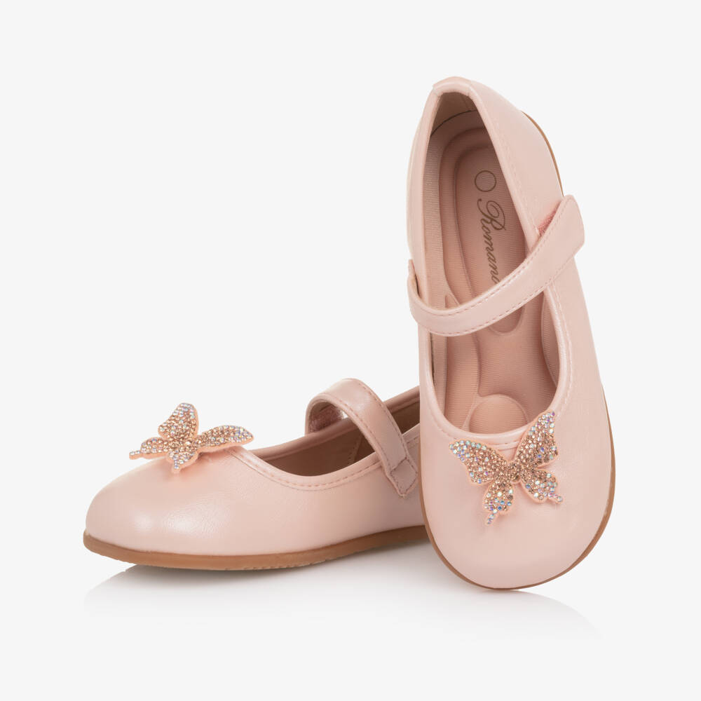Romano-Girls Pink Faux Leather & Diamanté Butterfly Bar Shoes | Childrensalon
