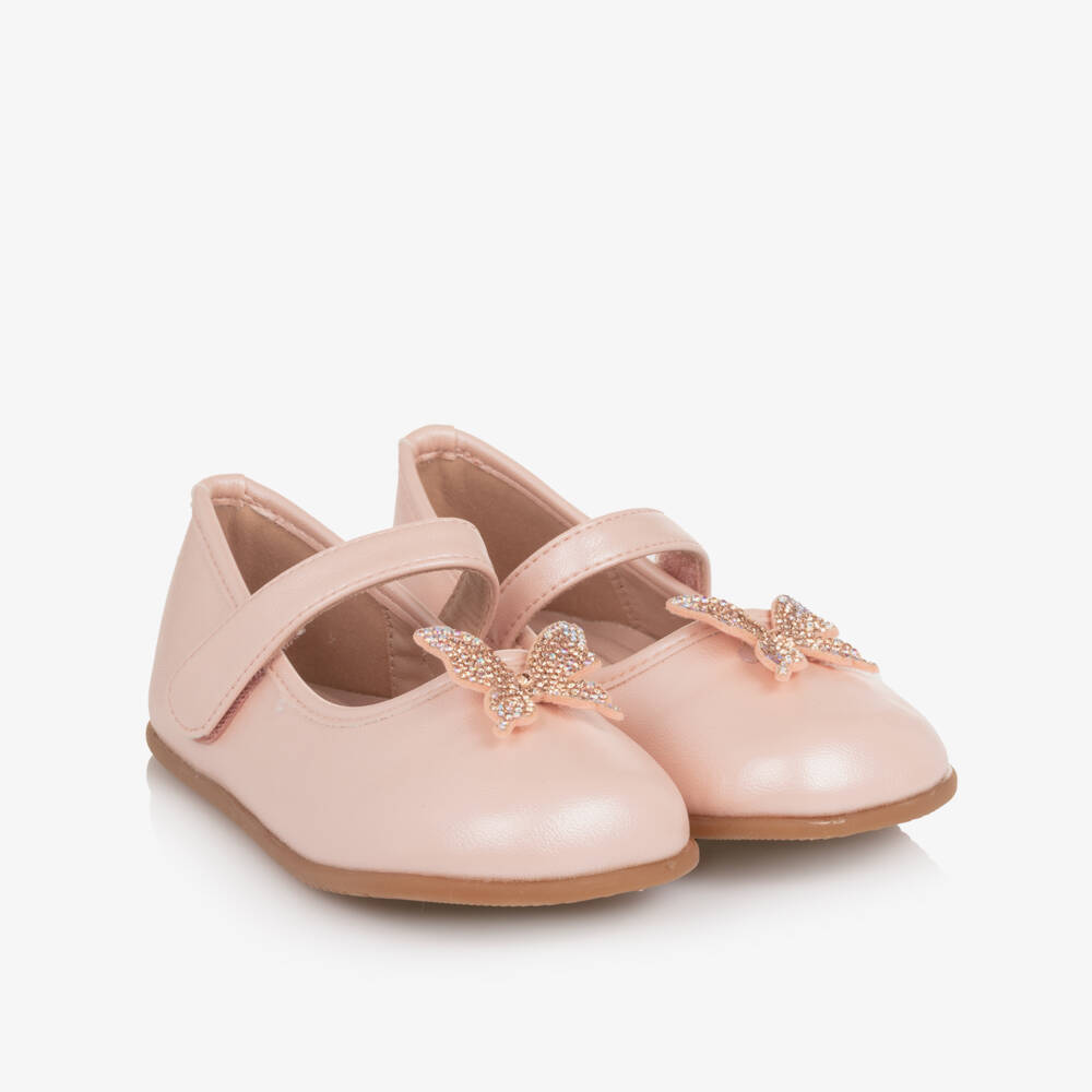 Roma e Toska-Girls Pink Faux Leather & Diamanté Butterfly Bar Shoes | Childrensalon