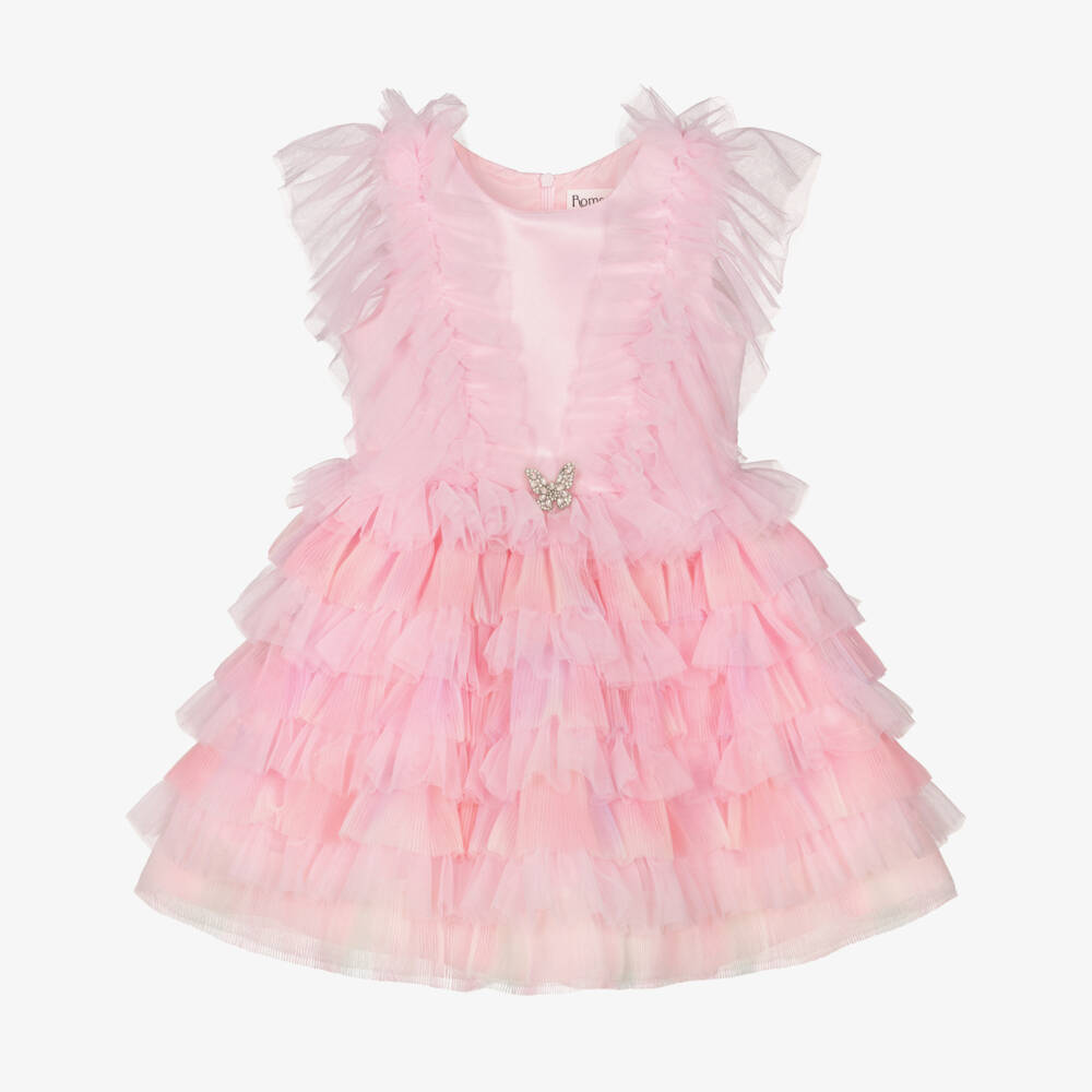 Romano-Girls Pink Ruffled Tulle Dress with Crystal Butterfly | Childrensalon