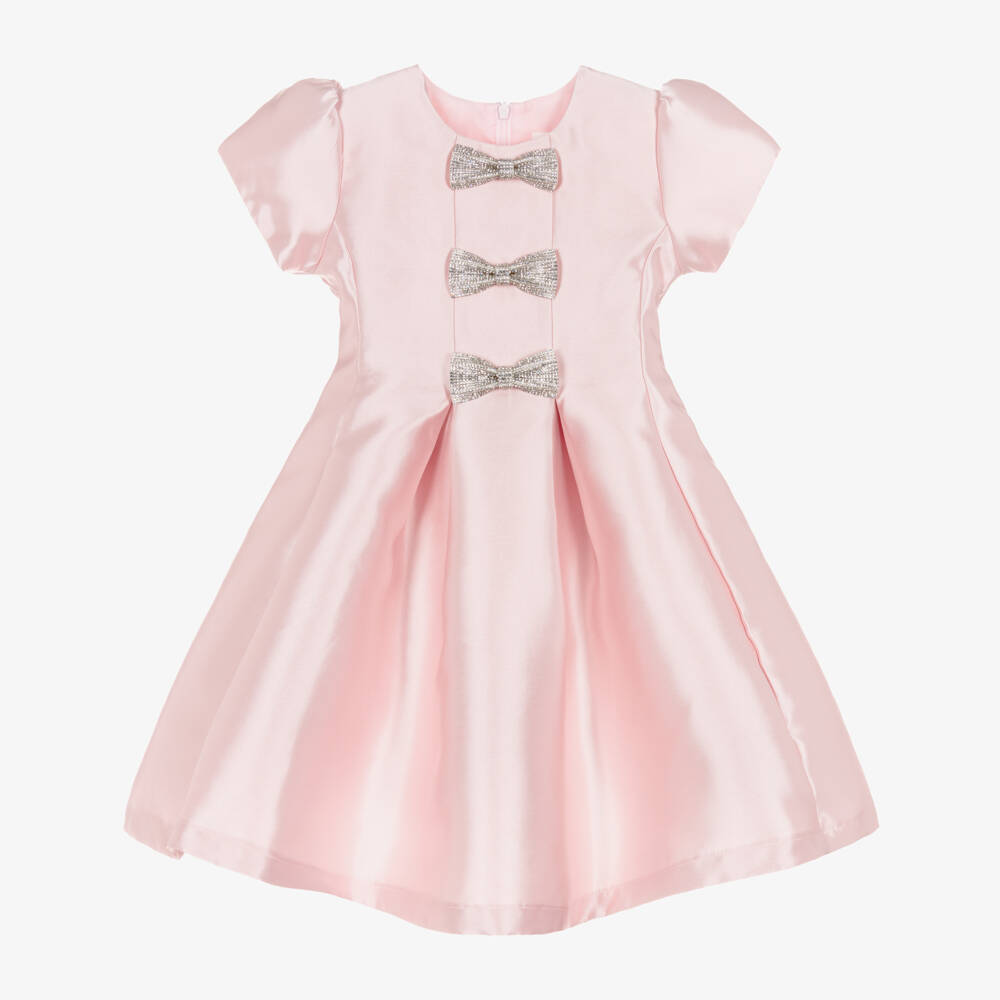 Romano-فستان ساتان بفيونكات مرصعة بالكريستال لون زهري للبنات | Childrensalon