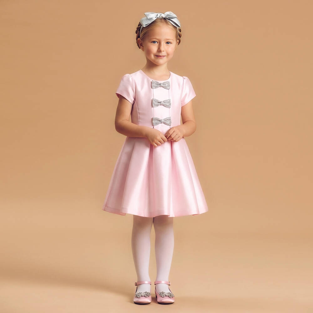 Romano-Girls Pink Satin Dress with Diamanté Bows | Childrensalon