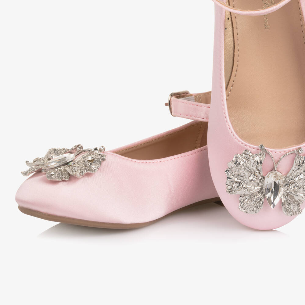 Romano-Girls Pink Satin Shoes with Crystal Butterfly  | Childrensalon