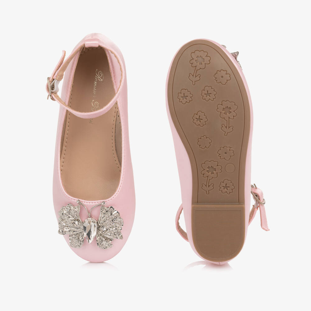 Romano-Girls Pink Satin Shoes with Crystal Butterfly  | Childrensalon
