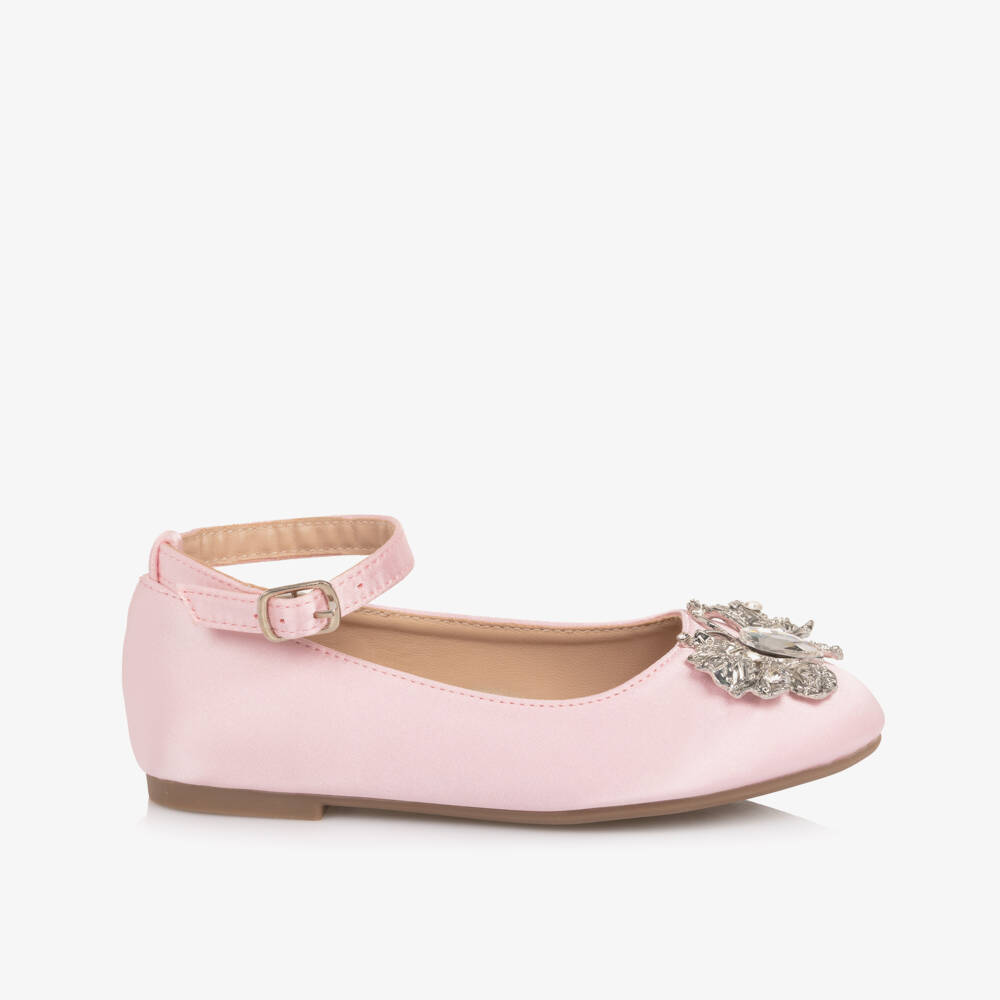 Romano-Girls Pink Satin Shoes with Crystal Butterfly  | Childrensalon
