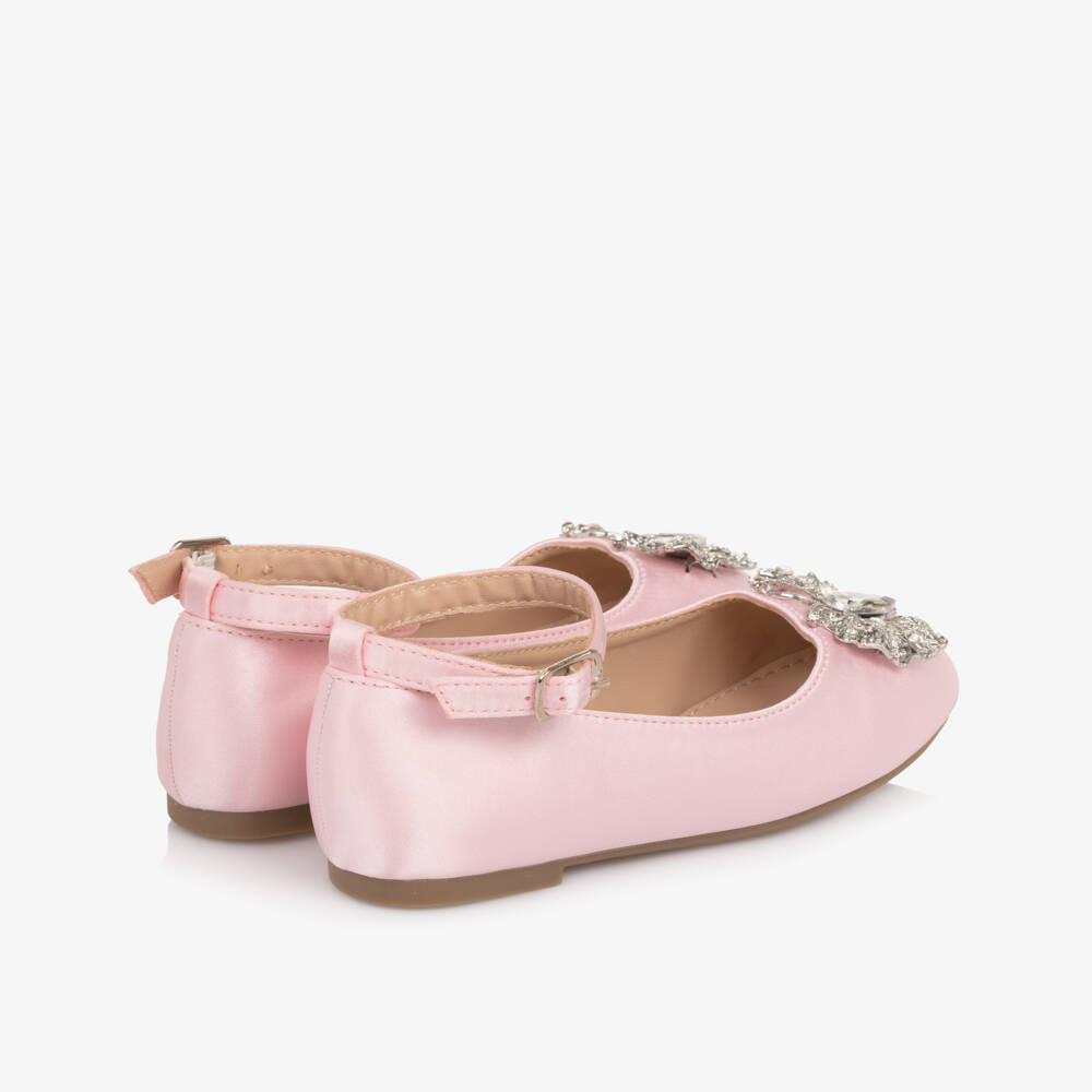 Romano-Girls Pink Satin Shoes with Crystal Butterfly  | Childrensalon