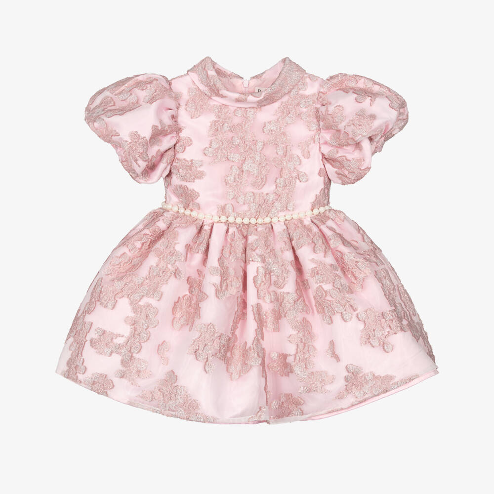 Roma e Toska-Платье розово-серебряное из органзы с цветочным жаккардом для девочек | Childrensalon