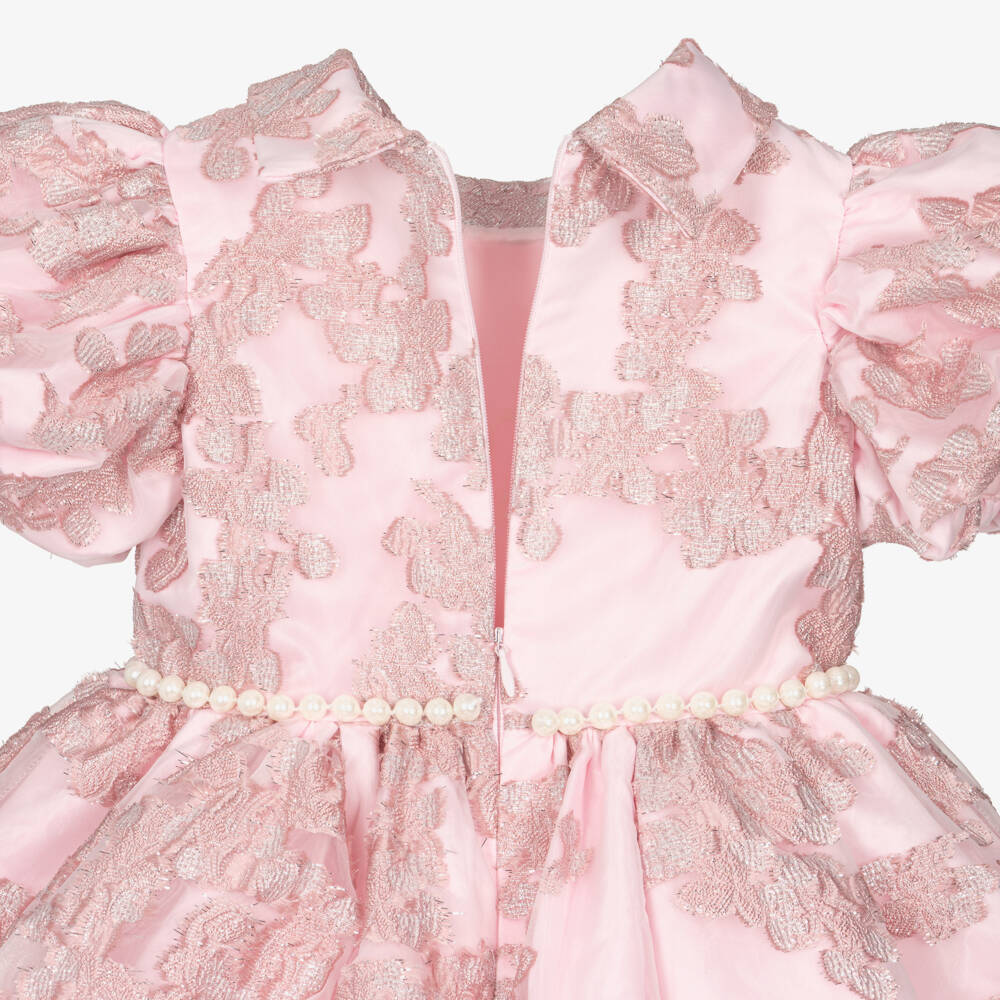 Roma e Toska-Платье розово-серебряное из органзы с цветочным жаккардом для девочек | Childrensalon