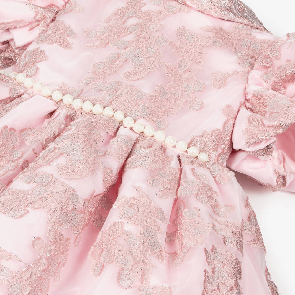 Roma e Toska-Платье розово-серебряное из органзы с цветочным жаккардом для девочек | Childrensalon