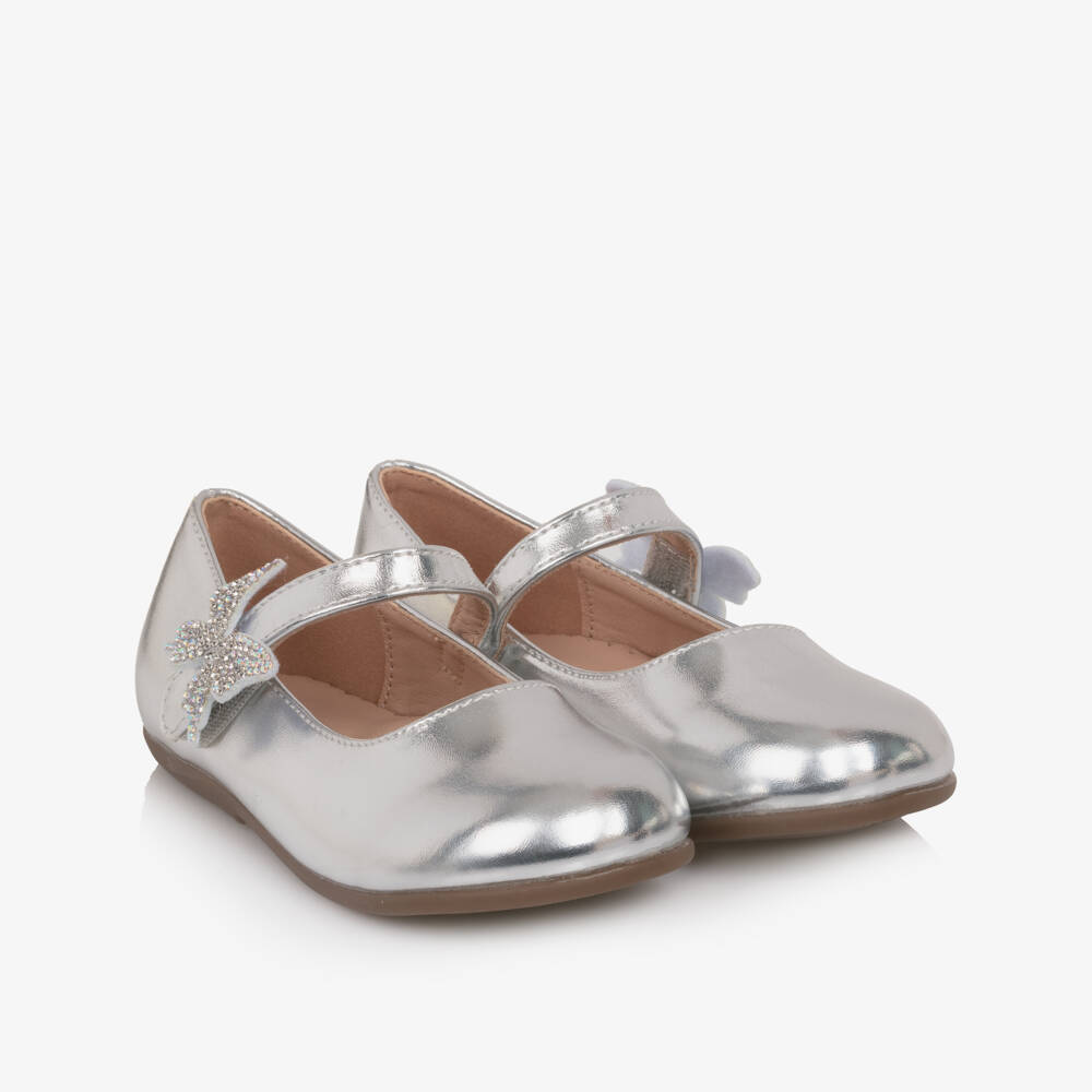 Roma e Toska-Girls Silver Faux Leather Bar Shoes with Diamanté Butterfly | Childrensalon