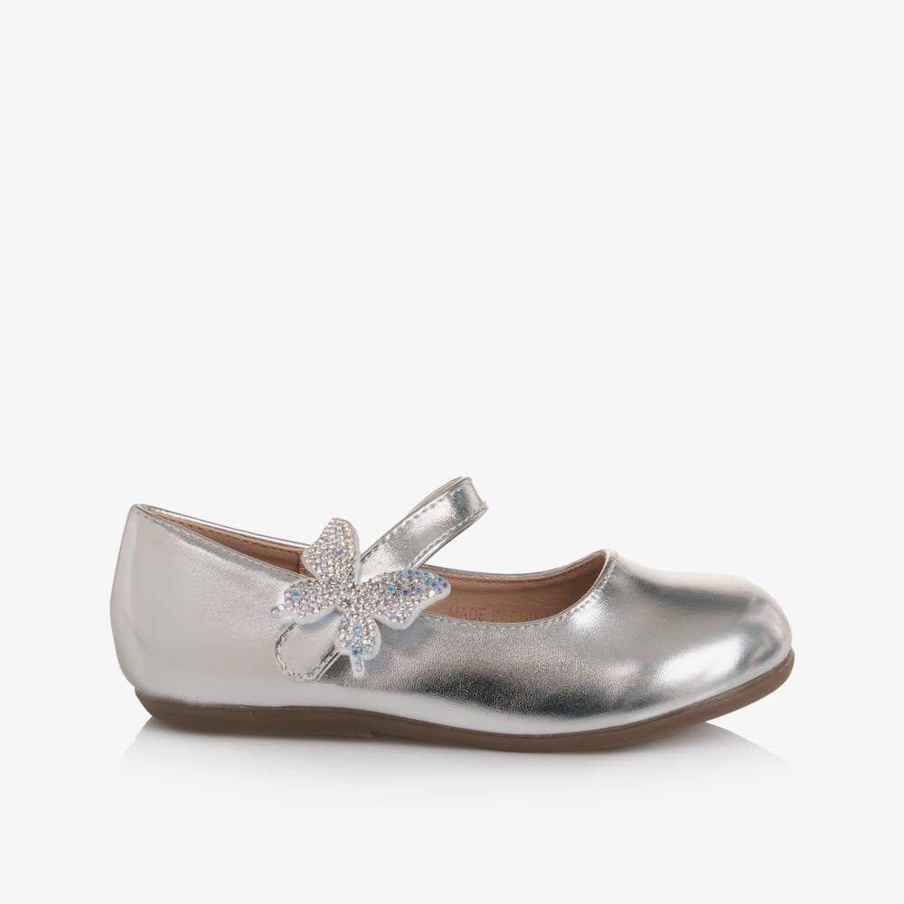 Roma e Toska-Girls Silver Faux Leather Bar Shoes with Diamanté Butterfly | Childrensalon