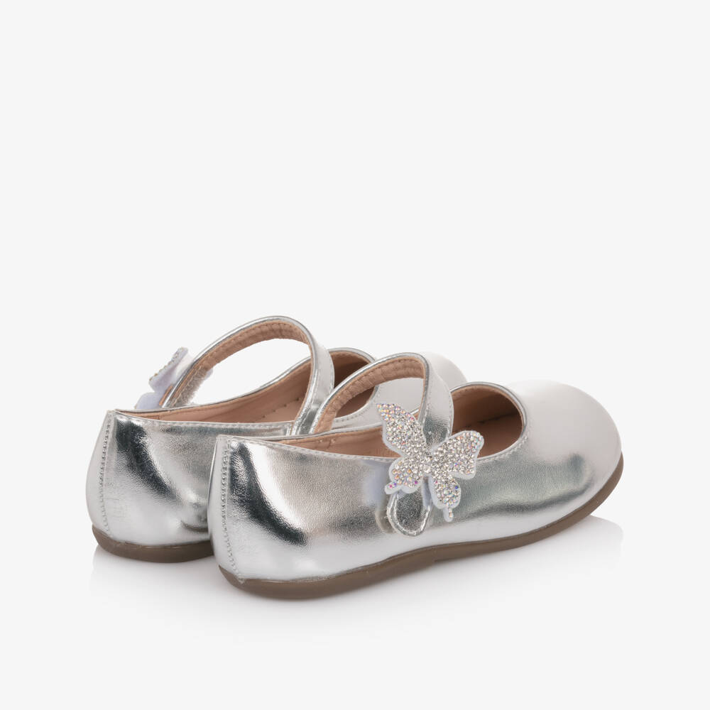 Roma e Toska-Girls Silver Faux Leather Bar Shoes with Diamanté Butterfly | Childrensalon