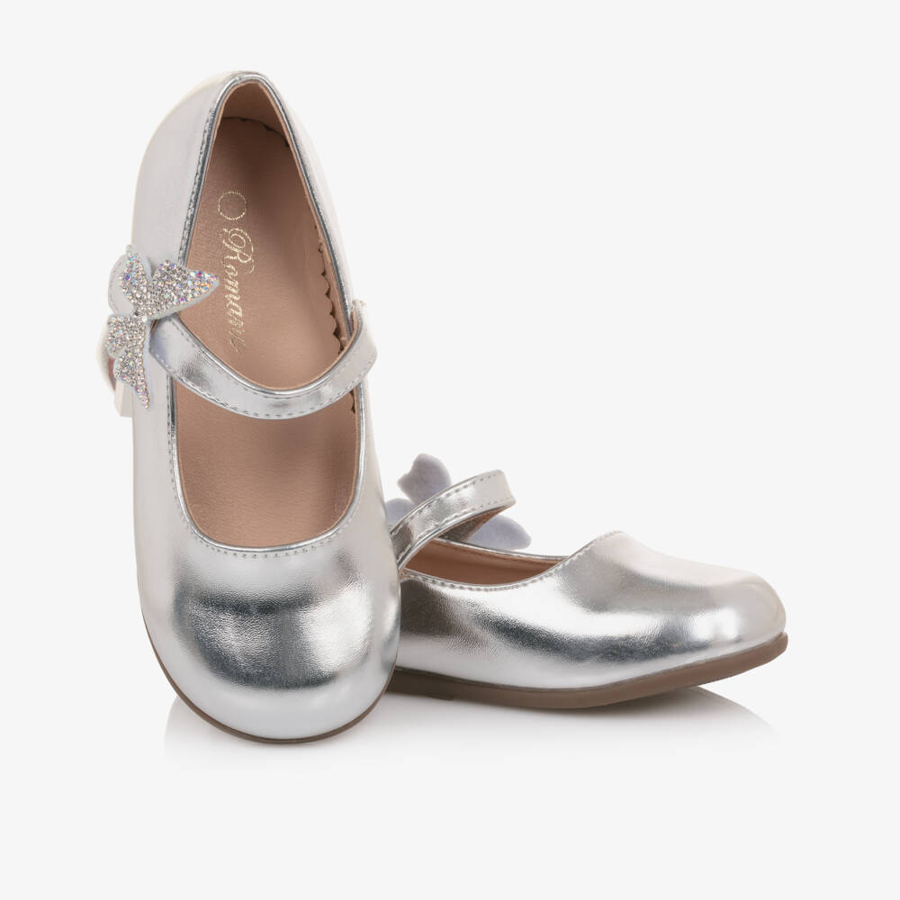 Roma e Toska-Girls Silver Faux Leather Bar Shoes with Diamanté Butterfly | Childrensalon