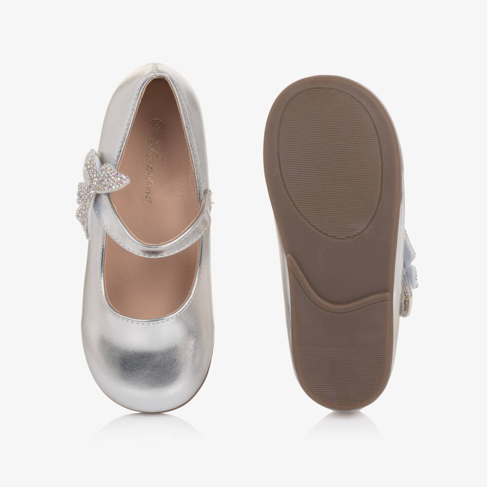 Roma e Toska-Girls Silver Faux Leather Bar Shoes with Diamanté Butterfly | Childrensalon