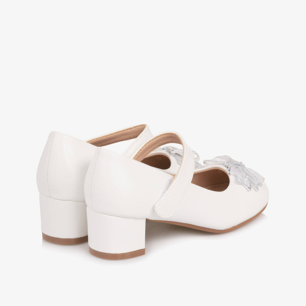 Romano-Girls White Diamanté Bow Velcro Bar Shoes | Childrensalon