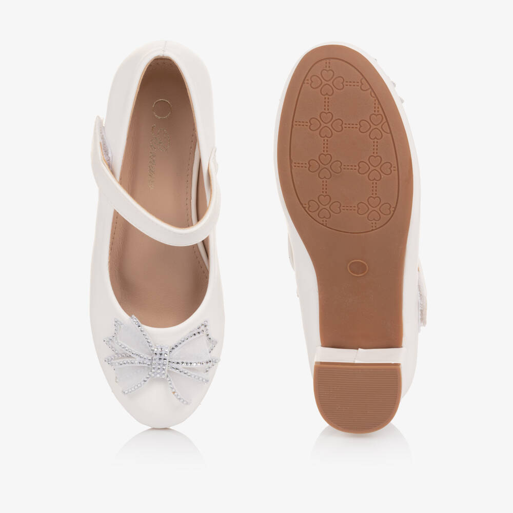 Romano-Girls White Diamanté Bow Velcro Bar Shoes | Childrensalon