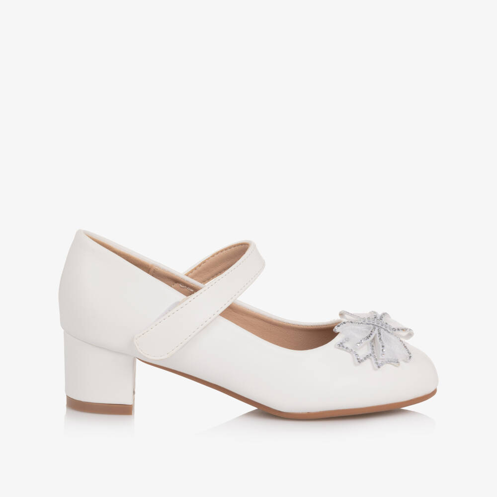 Romano-Girls White Diamanté Bow Velcro Bar Shoes | Childrensalon