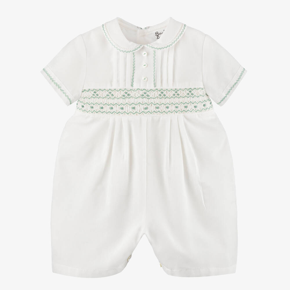 Sarah Louise-Baby Boys Ivory & Sage Green Embroidered Shortie | Childrensalon