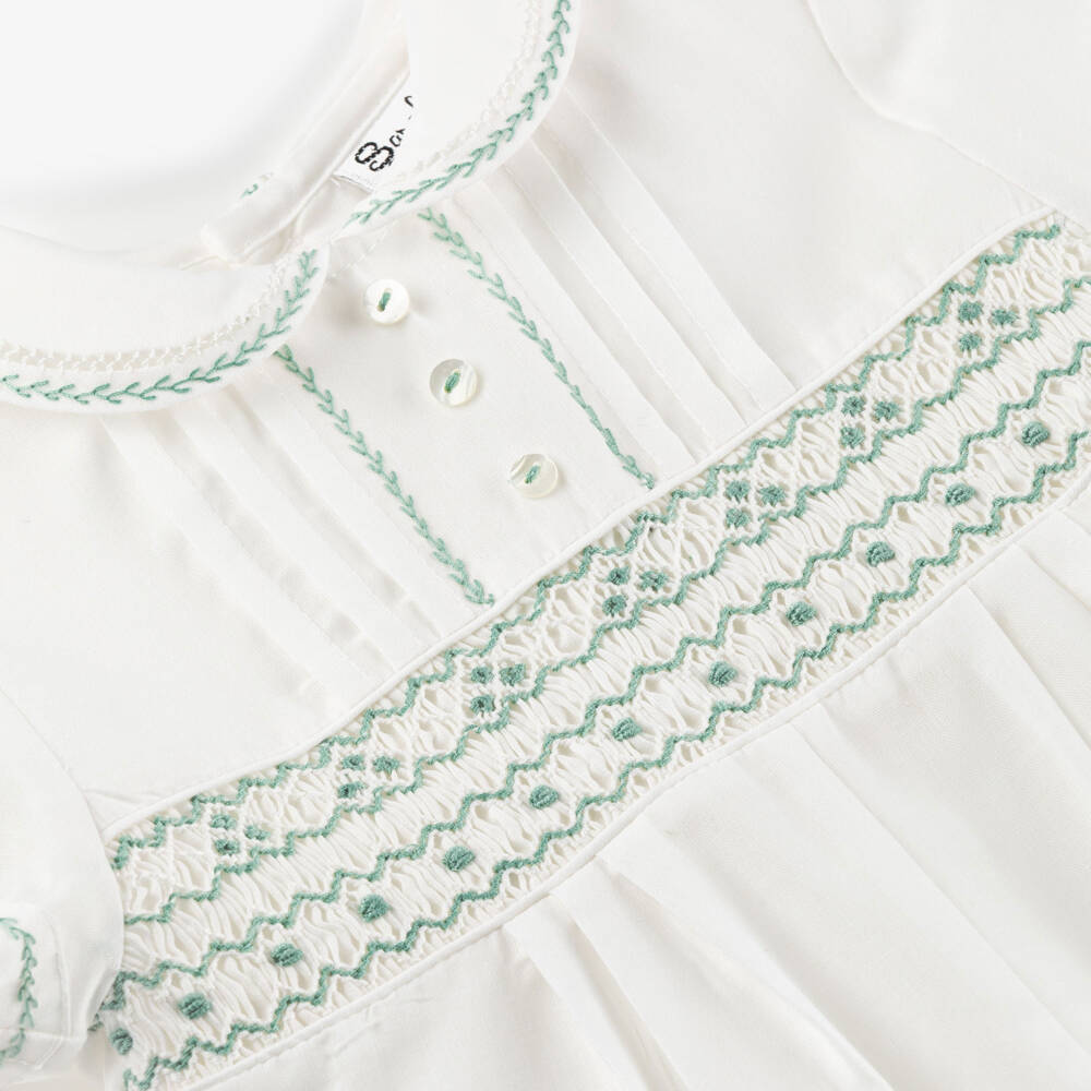 Sarah Louise-Baby Boys Ivory & Sage Green Embroidered Shortie | Childrensalon