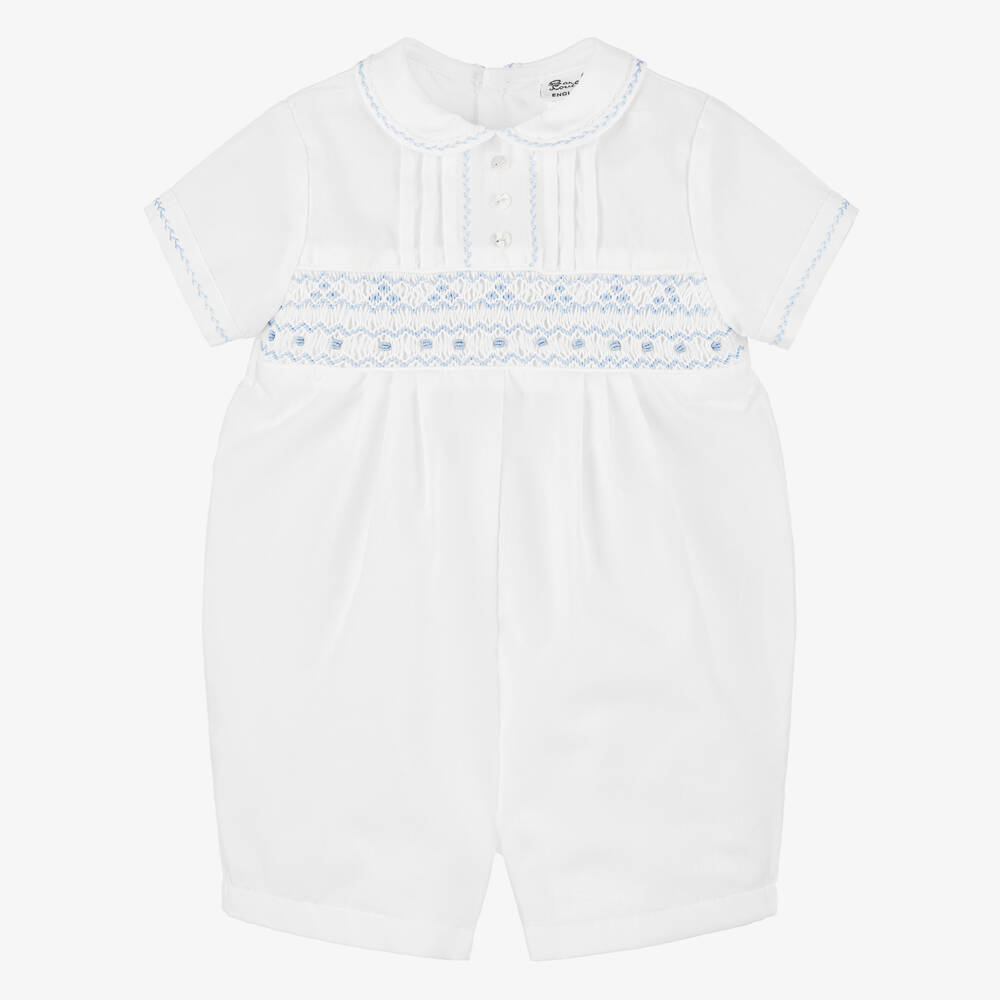 Sarah Louise-Короткий белый комбинезон с синей отделкой и сборками | Childrensalon