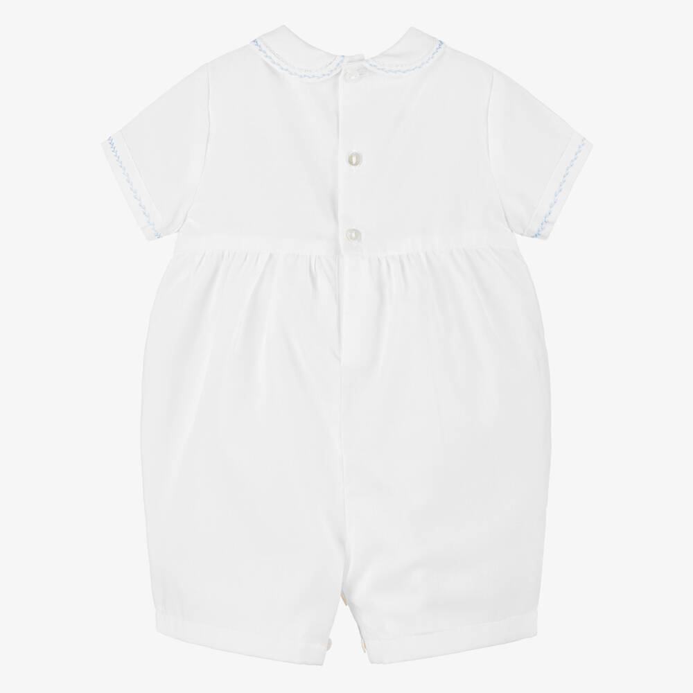 Sarah Louise-Короткий белый комбинезон с синей отделкой и сборками | Childrensalon