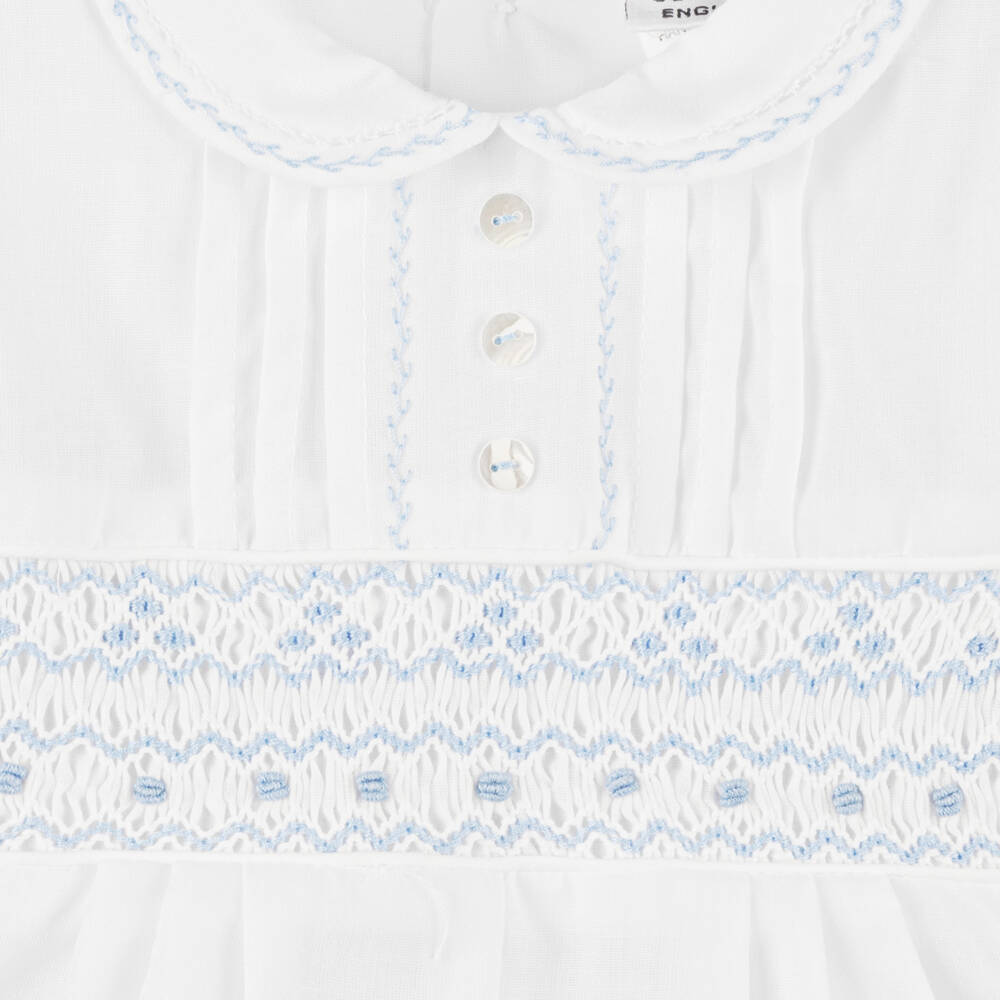 Sarah Louise-Короткий белый комбинезон с синей отделкой и сборками | Childrensalon