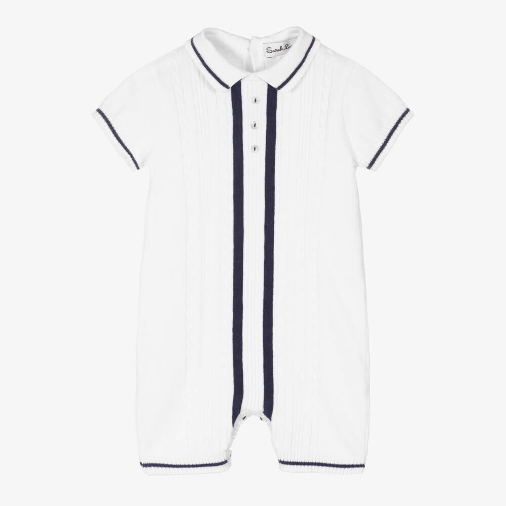 Sarah Louise-Baby Boys White & Navy Blue Cable Knit Shortie | Childrensalon