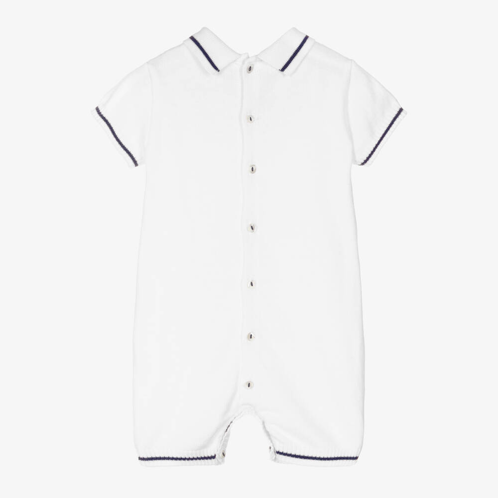 Sarah Louise-Baby Boys White & Navy Blue Cable Knit Shortie | Childrensalon