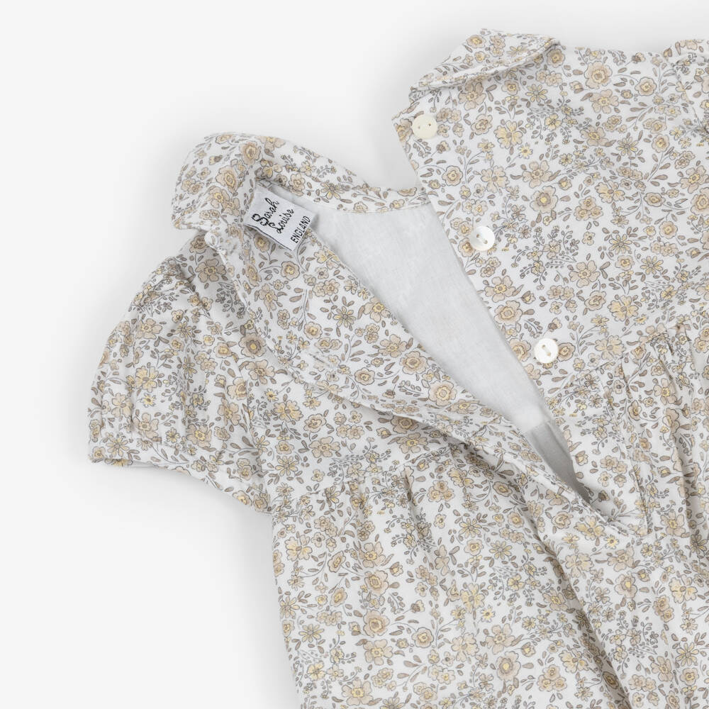 Sarah Louise-Baby Girls Hand-Smocked White & Beige Floral Cotton Shortie | Childrensalon