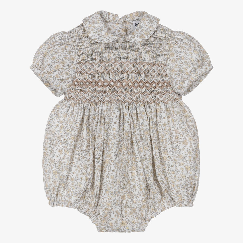 Sarah Louise-Baby Girls Hand-Smocked White & Beige Floral Cotton Shortie | Childrensalon
