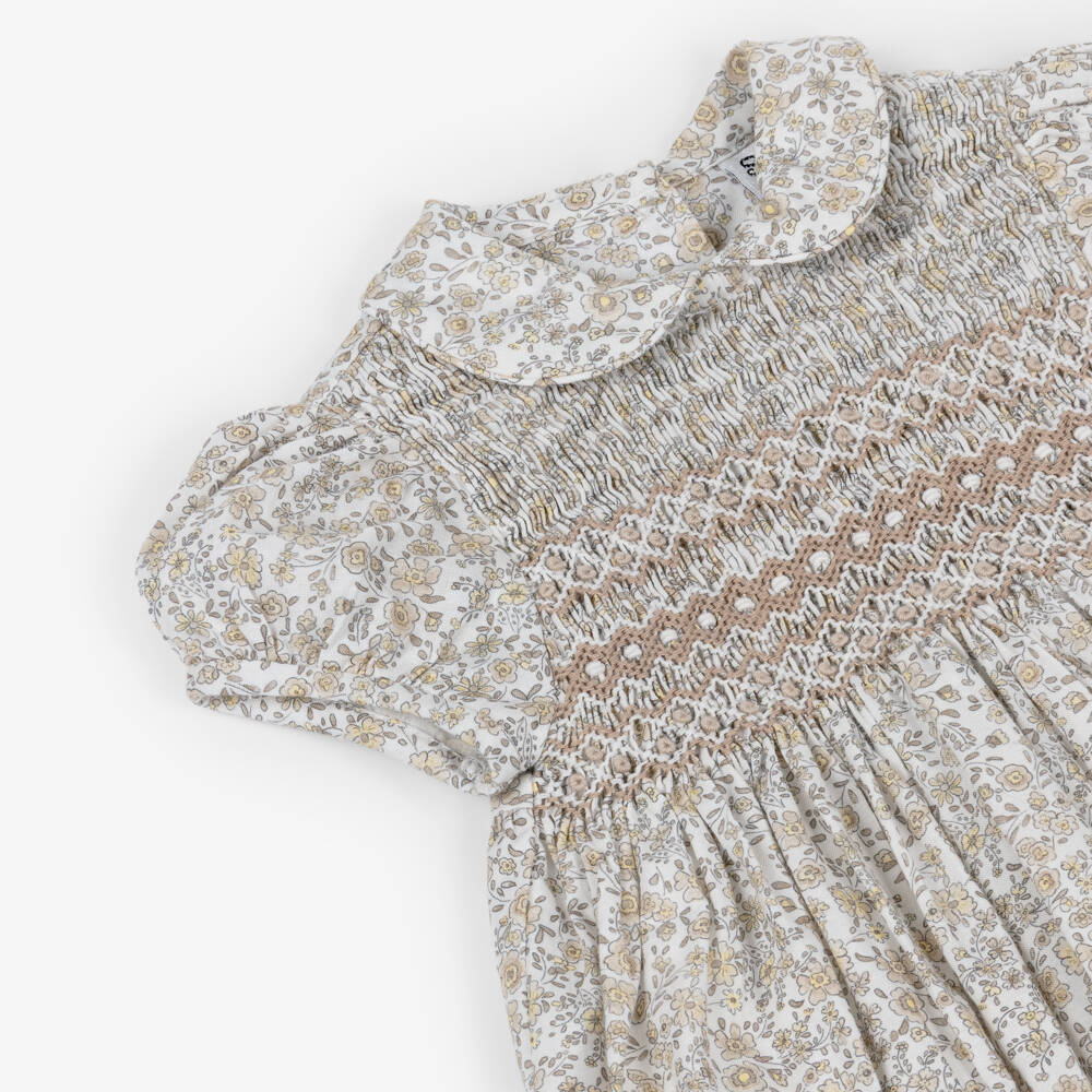 Sarah Louise-Baby Girls Hand-Smocked White & Beige Floral Cotton Shortie | Childrensalon