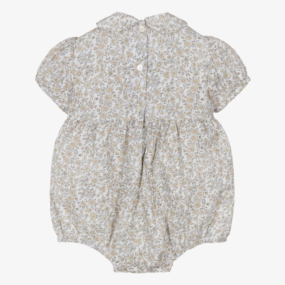 Sarah Louise-Baby Girls Hand-Smocked White & Beige Floral Cotton Shortie | Childrensalon