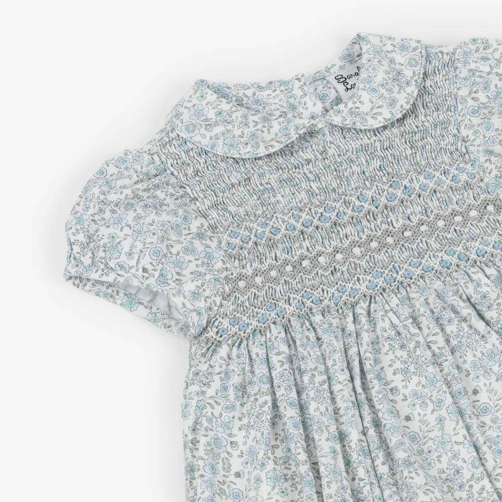 Sarah Louise-Baby Girls Hand-Smocked White & Blue Floral Cotton Shortie | Childrensalon