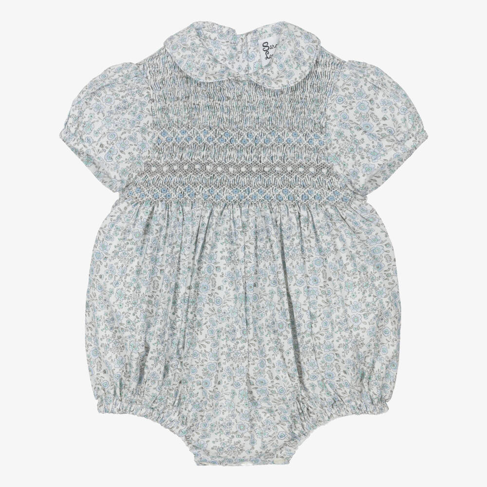 Sarah Louise-Baby Girls Hand-Smocked White & Blue Floral Cotton Shortie | Childrensalon