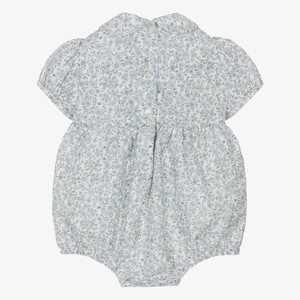 Sarah Louise-Baby Girls Hand-Smocked White & Blue Floral Cotton Shortie | Childrensalon