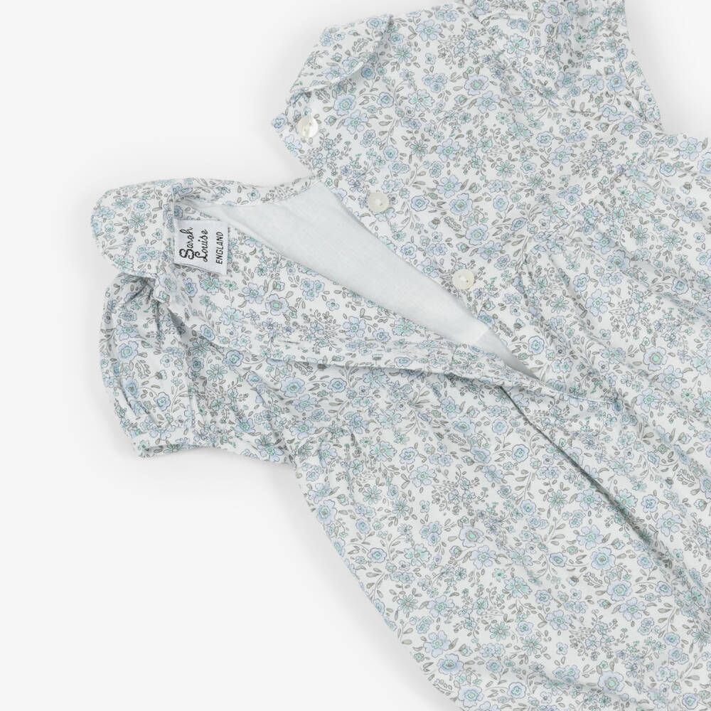 Sarah Louise-Baby Girls Hand-Smocked White & Blue Floral Cotton Shortie | Childrensalon