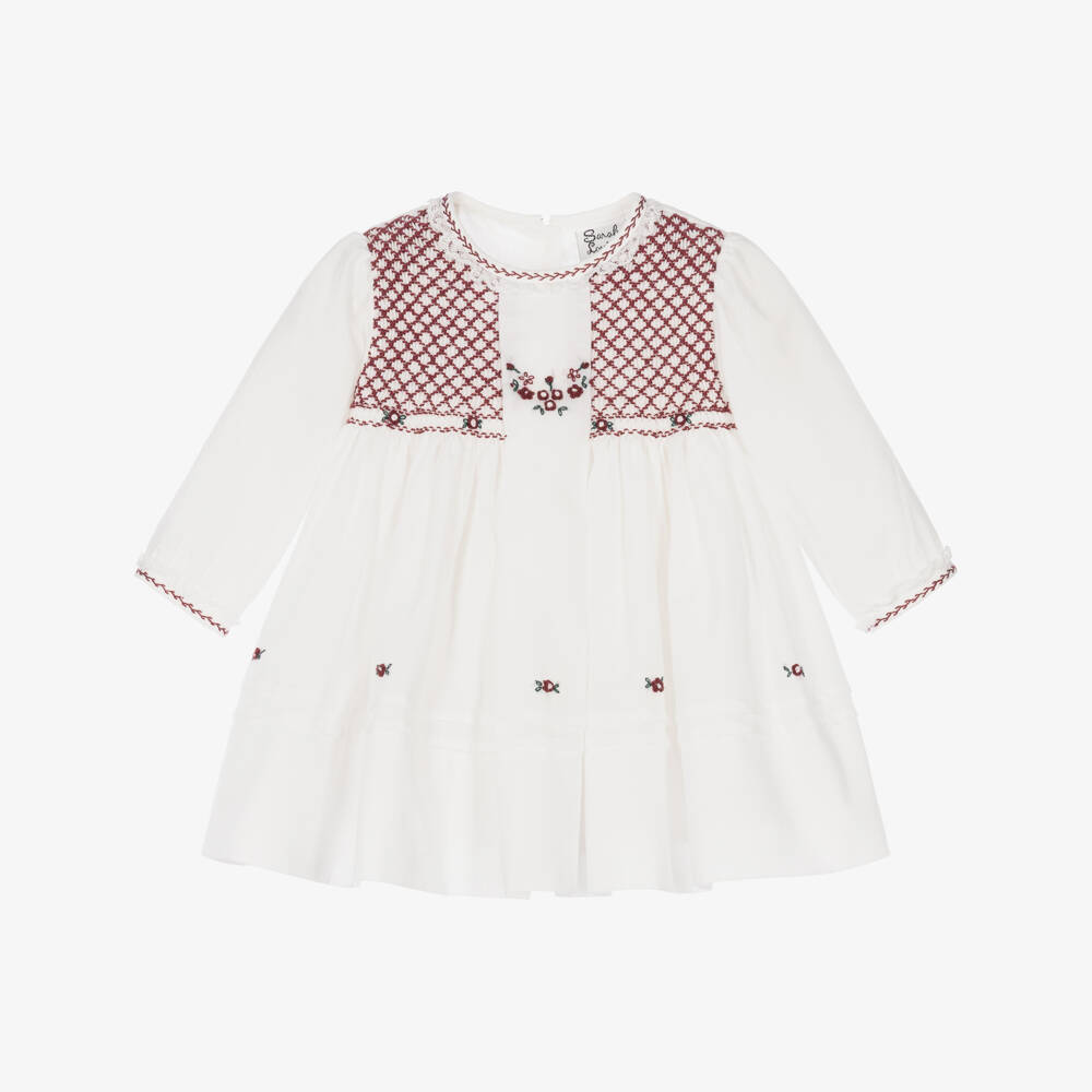 Sarah Louise-Baby Girls Ivory & Burgundy Hand-Smocked Dress | Childrensalon