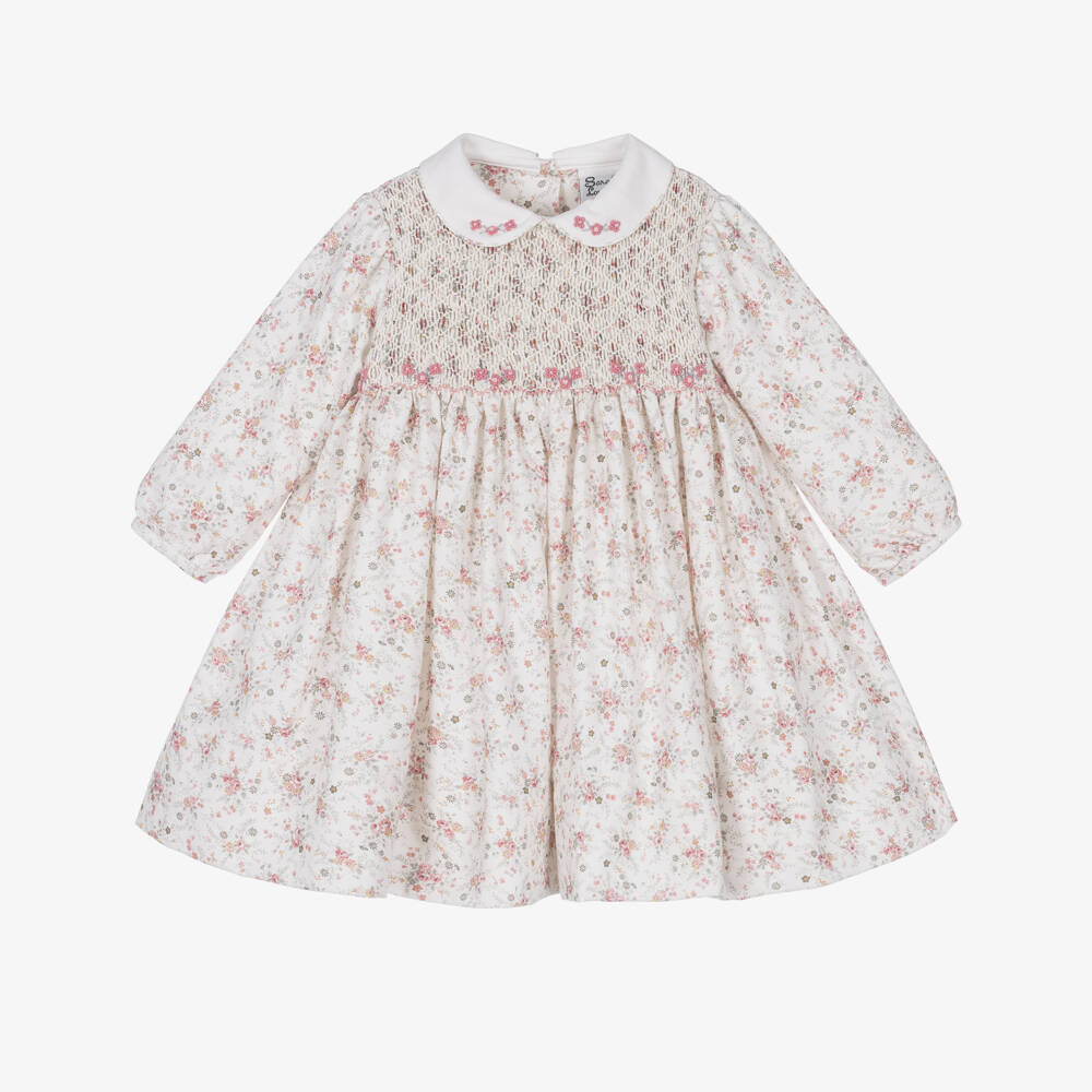 Sarah Louise-Baby Girls Ivory Floral Dress with Hand-Smocking | Childrensalon