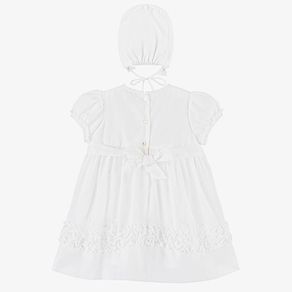 Sarah Louise-طقم فستان وقبعة بونيه مطرز سموكينغ قطن لون عاجي | Childrensalon