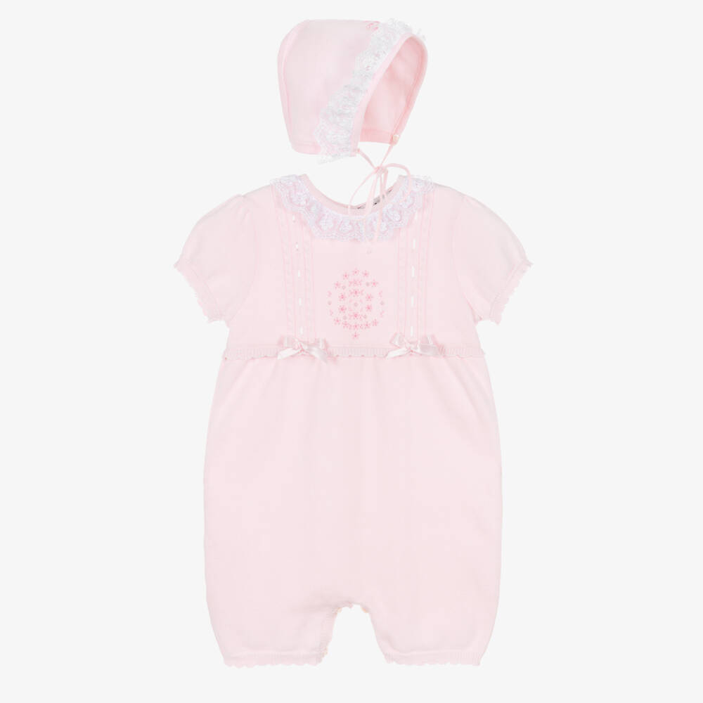 Sarah Louise-Baby Girls Pale Pink Cotton Knit Shortie & Bonnet Set | Childrensalon