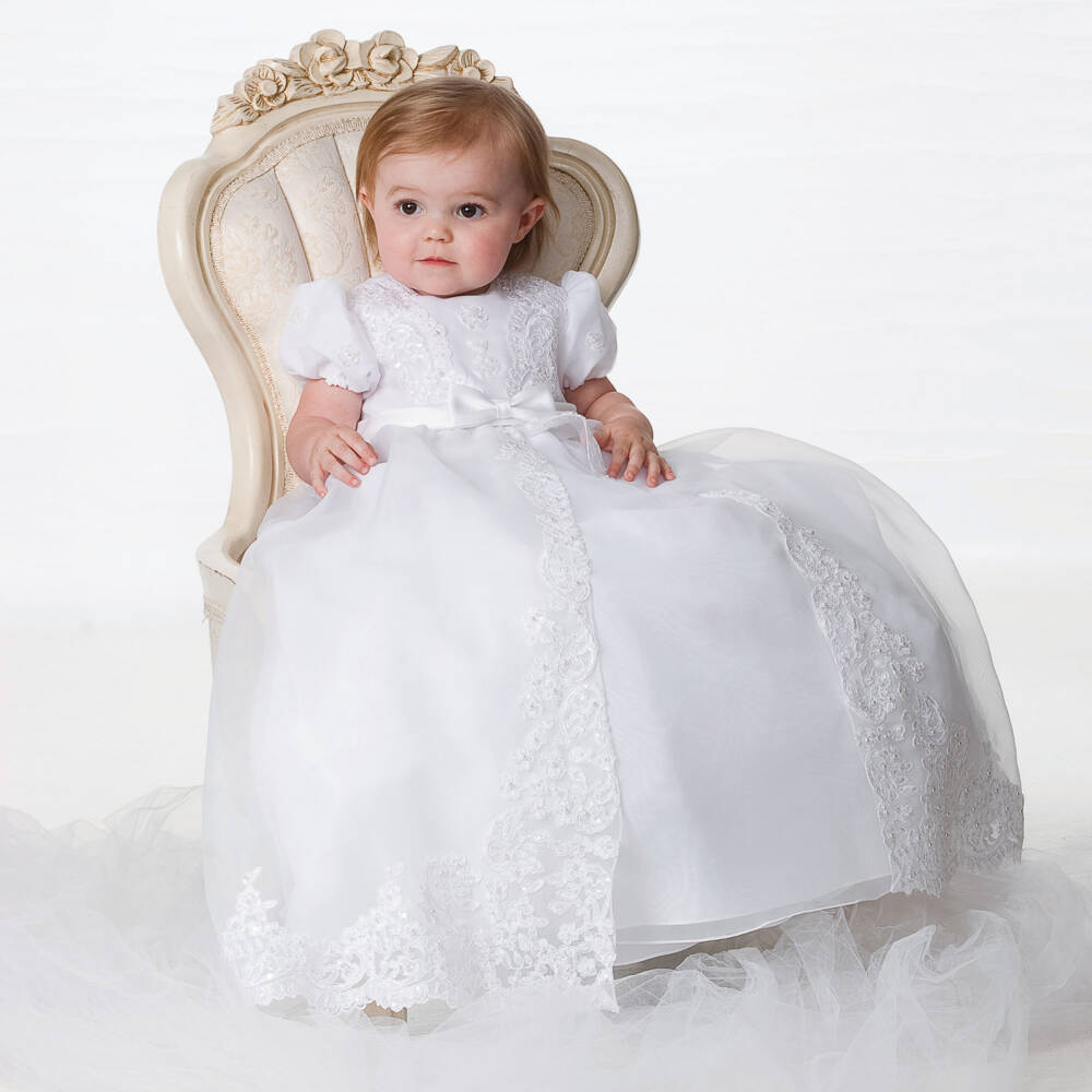 Sarah Louise-Baby Girls White Ceremony Gown & Bonnet With Beads & Sequins | Childrensalon