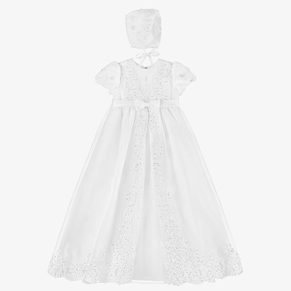 Sarah Louise-Baby Girls White Ceremony Gown & Bonnet With Beads & Sequins | Childrensalon